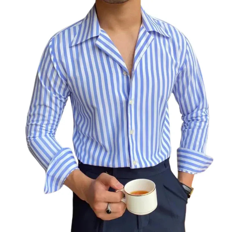 Camisa Social Masculina Listrada Garenzi GZ087 confeccionada em algodão premium, modelagem slim fit, listras discretas e visual sofisticado.