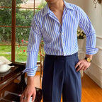 Camisa Social Masculina Listrada Garenzi GZ087 confeccionada em algodão premium, modelagem slim fit, listras discretas e visual sofisticado.