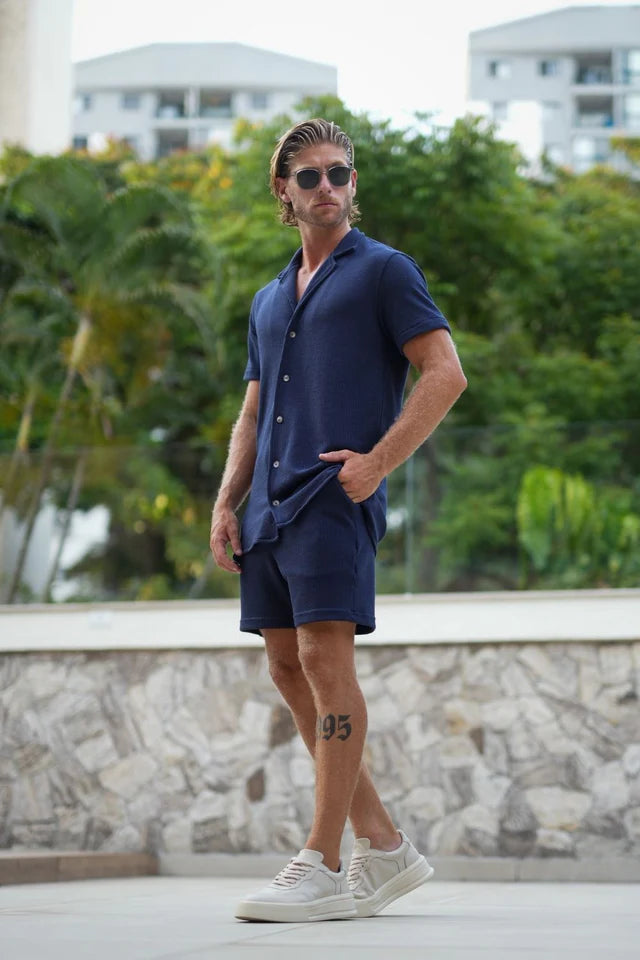 Conjunto Paradizo Garenzi Masculino com camisa de manga curta e calção, tecido leve, caimento moderno e visual casual confortável