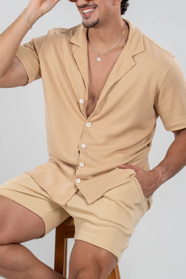 Conjunto Paradizo Garenzi Masculino com camisa de manga curta e calção, tecido leve, caimento moderno e visual casual confortável