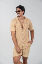 Conjunto Paradizo Garenzi Masculino com camisa de manga curta e calção, tecido leve, caimento moderno e visual casual confortável
