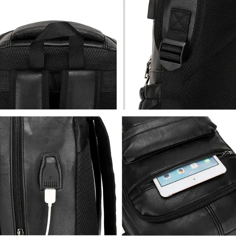 Mochila de Couro Masculina Garenzi GZ072 resistente à água, com porta USB, sistema antifurto, design executivo e alta capacidade.
