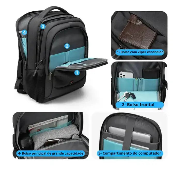 Mochila Executiva Garenzi GZ348 impermeável, com compartimento para notebook 17”, porta USB integrada, design executivo e alta capacidade.