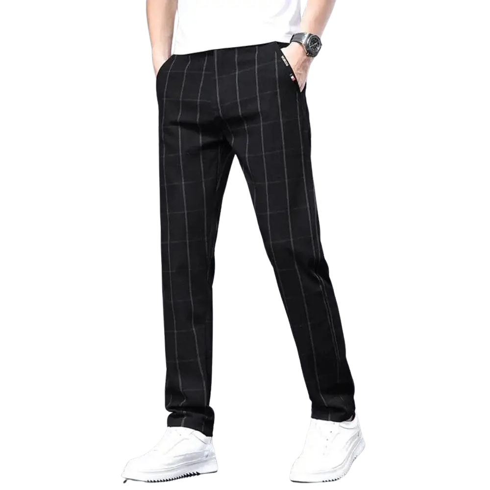 Calça Social Xadrez Masculina Garenzi GZ006 em tecido leve com spandex, padrão xadrez moderno e caimento confortável, ideal para composições elegantes e autênticas.